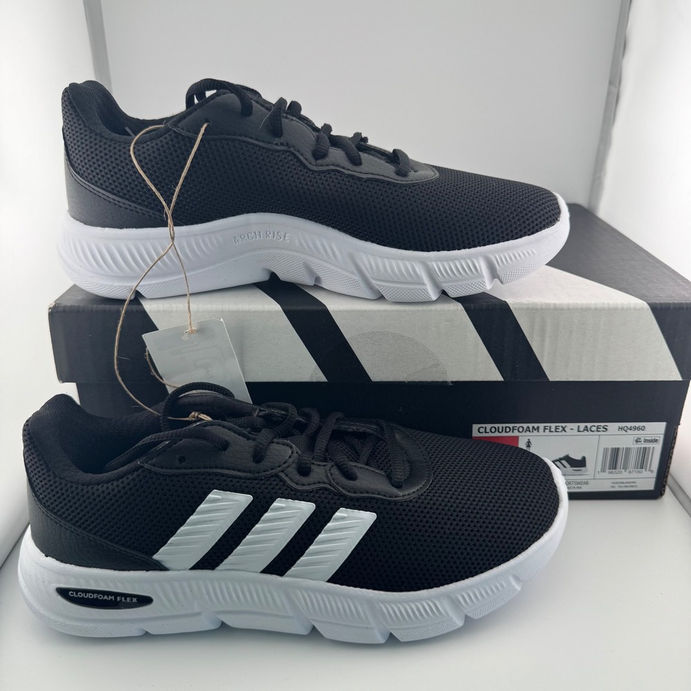 Adidas Cloudfoam Flex Laces Women 6.5 Black White New HQ4960 Running Sneakers